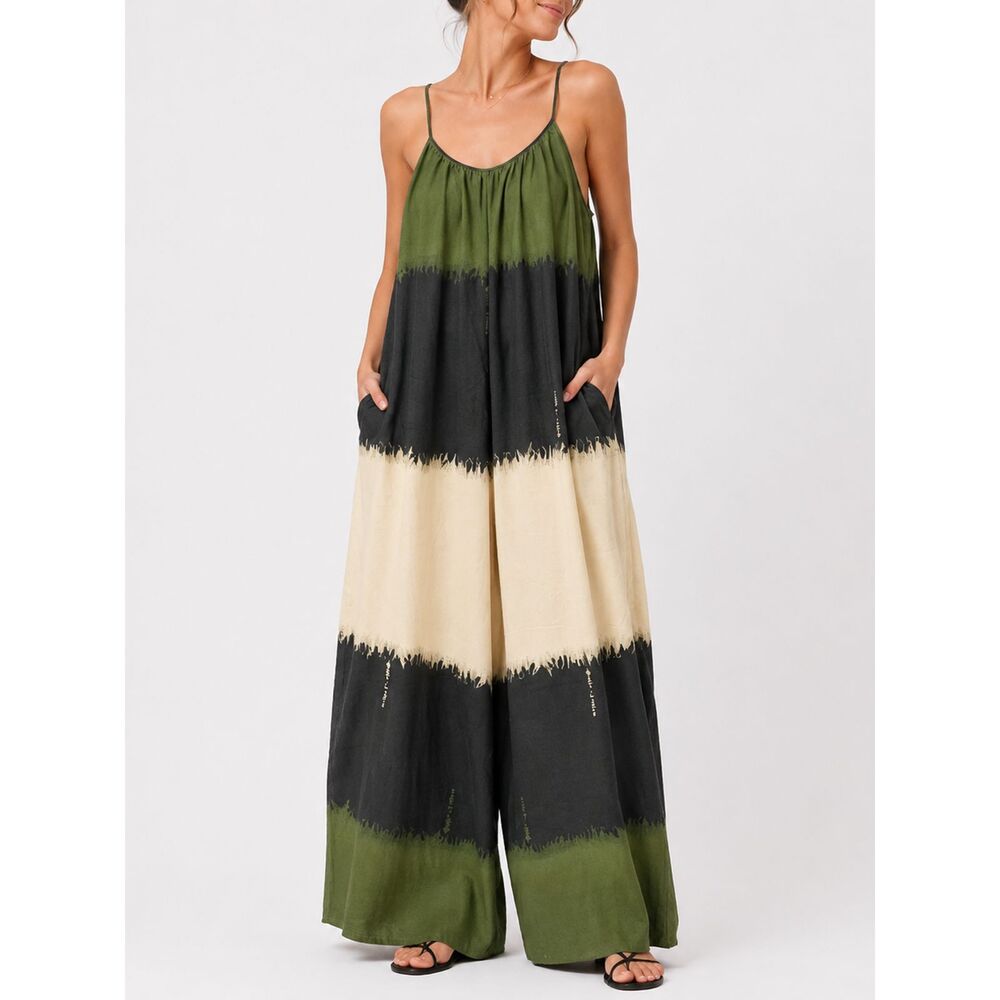 The Sang Wide Leg Colorblock Jumpsuit M Boho Palazzo Romper Pockets